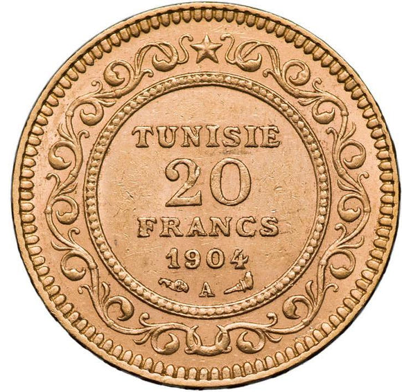 Tunisia AH1322/1904A Gold Twenty Francs aUNC