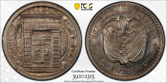 1956 Colombia 200th Anniversary Popayan Mint Peso MS66
