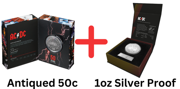 ACDC 2023 50c Antiqued Silver Coin + 2021 Silver Proof Coin Bundle
