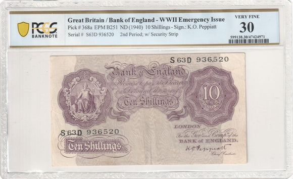 1940 GB Ten Shilling WWII Emergency Issue VERY FINE 30
