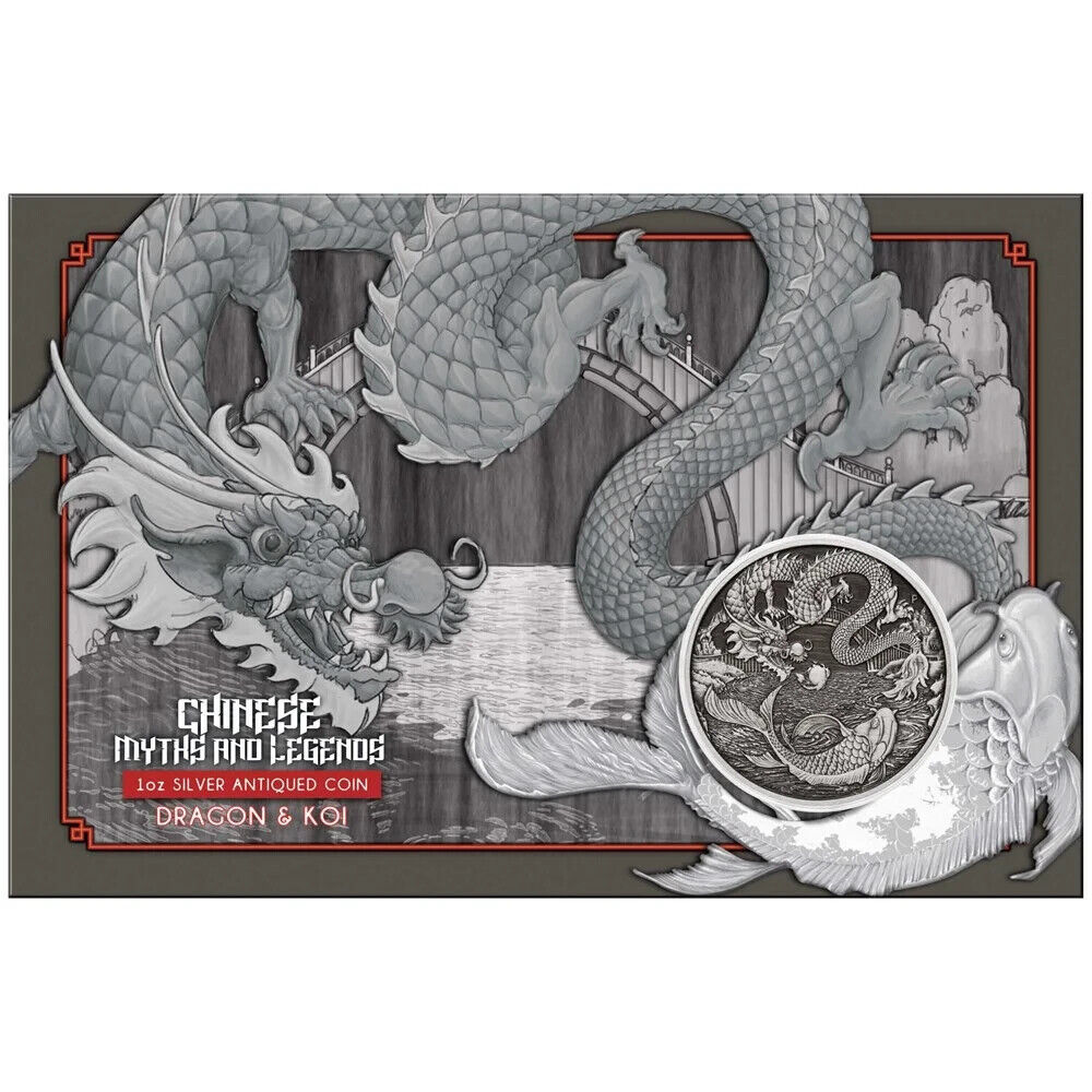 2023 Chinese Myths and Legends Dragon and Koi 1oz Silver Antiqued