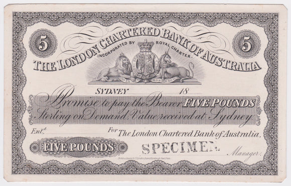 1800s 5 Pound London Chartered Bank of Australia Uniface Specimen EF