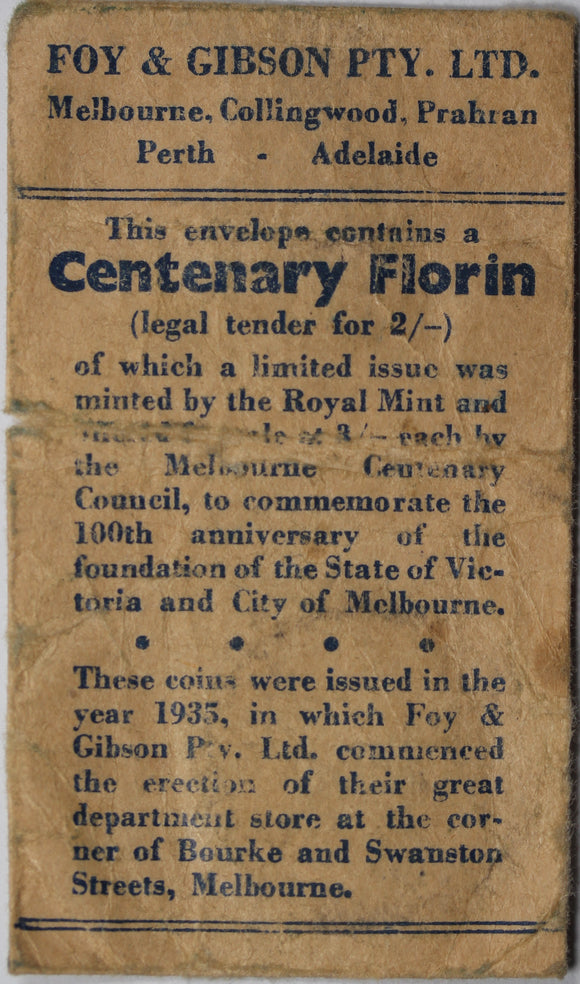 1934/35 Melbourne Centenary Florin Foys Bag gVG