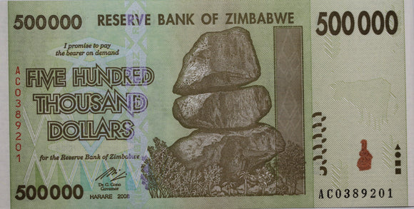 2008 Zimbabwe 500 Thousand Dollar Note UNC