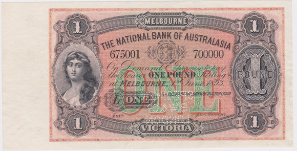 1893 National Bank of Australasia 1 Pound Specimen UNC