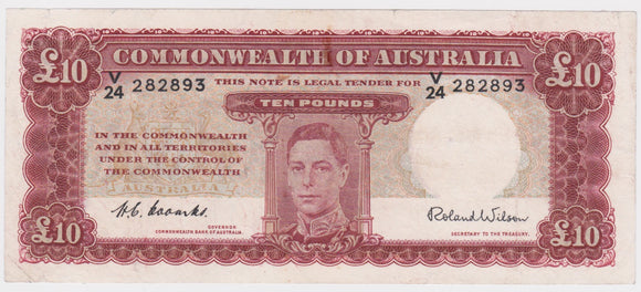 Ten Pounds 1952 Coombs/Wilson Last Prefix VF