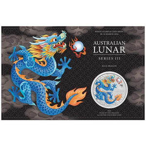 2024 Year of the Dragon 1oz Silver Blue Coloured Coin in Card