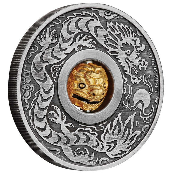 Year of the Dragon Rotating Charm 2024 1oz Silver Antiqued Coin