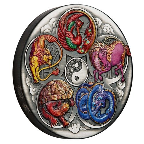 Five Auspicious Creatures 2024 5oz Silver Antiqued Coloured Coin