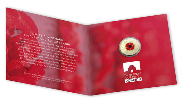 2018 Armistice Red Poppy Coloured $2 C Mintmark Coin in Card