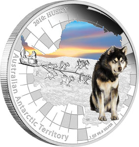 2010 $1 Australian Antarctic Territory Husky 1oz Silver Coloured Proof Coin