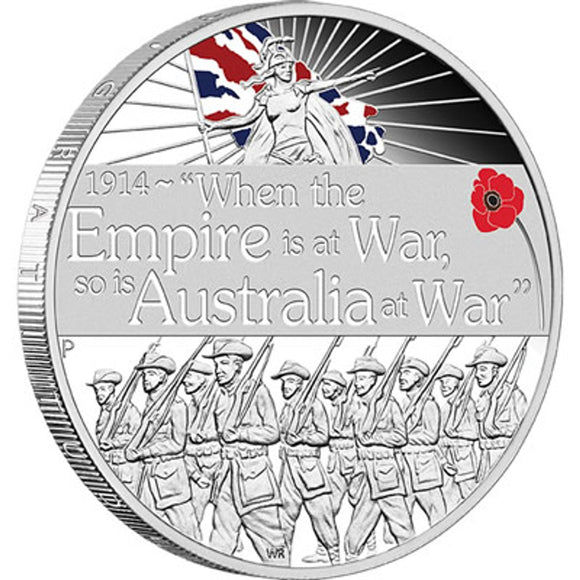 2014 $1 The ANZAC Spirit 100th Anniversary Empire At War 1oz Silver Coloured Proof Coin