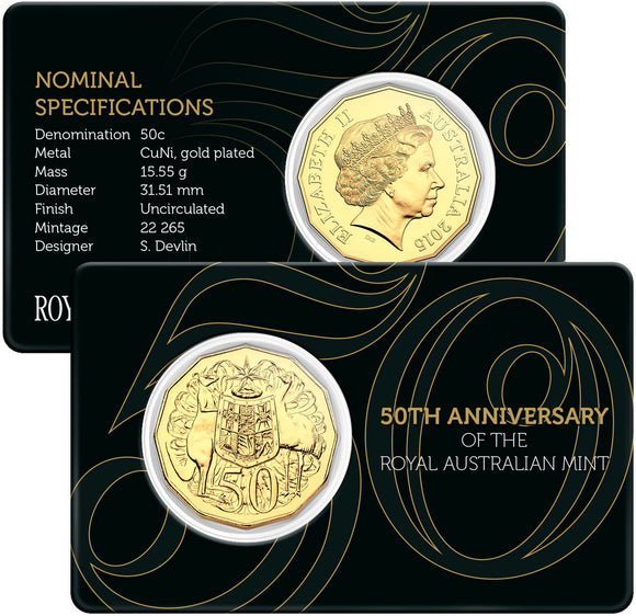 2015 50c 50th Anniversary of The Royal Australian Mint Gold Plated Uncirculated Coin