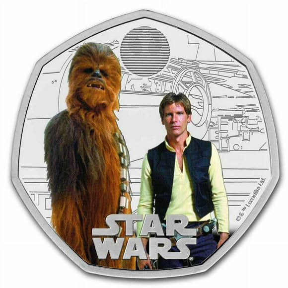 Star Wars Han Solo and Chewbacca 2024 UK 50p Silver Proof Coloured Coin