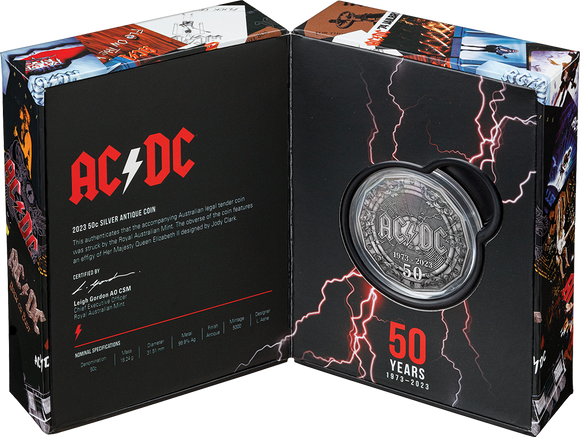 2023 50th Anniversary of ACDC 50c Silver Antiqued Coin