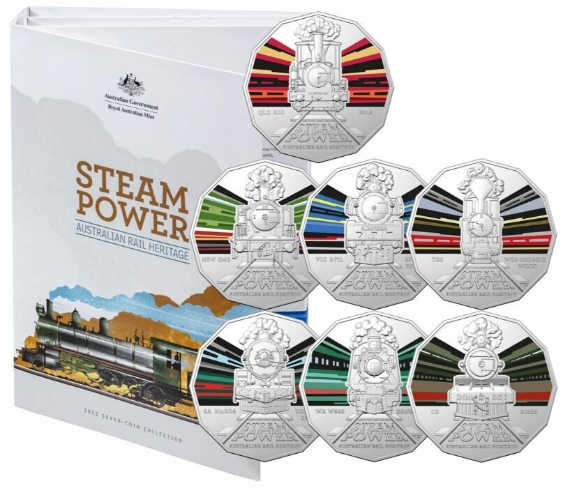 2022 Australian Steam Trains 50c Coin - Complete 7 Coin Set with folde ...