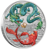 2023 Myths and Legends Series Green Dragon and Koi 1oz Silver Coloured Coin in Card