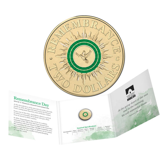 2014 Remembrance Peace Dove Green Coloured $2 C Mintmark Coin in Card