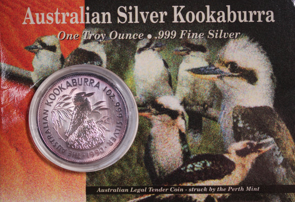 1990 Kookaburra 1oz Silver Coin in Card (Damaged Card)