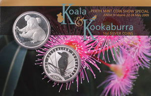 2009 Perth ANDA Show 1oz Kookaburra and Koala Silver Coin Pair