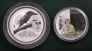 2003 Kookaburra 2oz Silver Coin + 1oz Silver Medallion WWII Pair