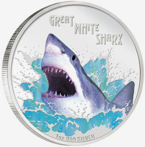 2007 $1 Deadly and Dangerous Great White Shark 1oz Silver Coloured Proof Coin