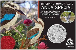 2023 Brisbane ANDA Money Expo 1oz Silver Kookaburra w/ Brolga Privy Mark