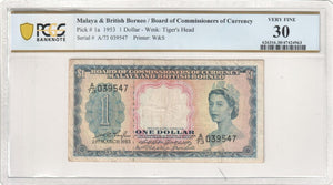 1953 Malaya & British Borneo One Dollar Very Fine 30