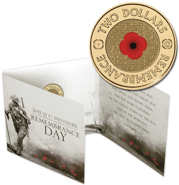 2012 Remembrance Red Poppy Coloured $2 C Mintmark Coin in Card