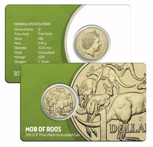 2015 Perth ANDA 'P' Privymark Mob of Roos $1 Coin in Card