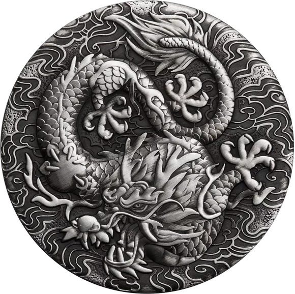 2022 Chinese Myths and Legends Dragon 2oz Silver Antiqued Coin