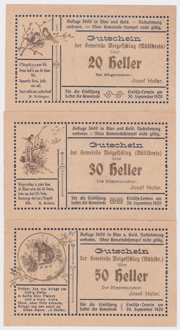 1920 Austria 20, 30 and 50 Heller Set aUNC/UNC