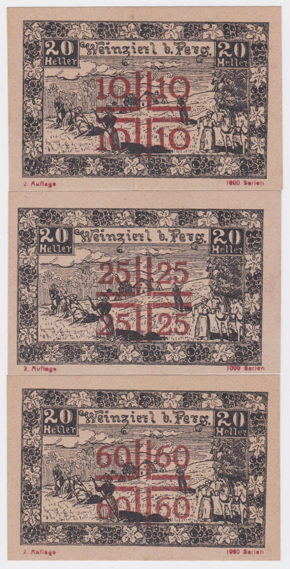 1921 Austria 10, 25 and 60 Heller Set UNC