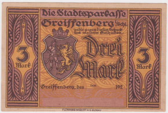 1921 Germany Greiffenberg 3 Mark UNC