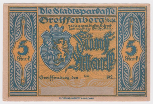1921 Germany Greiffenberg 5 Mark aUNC