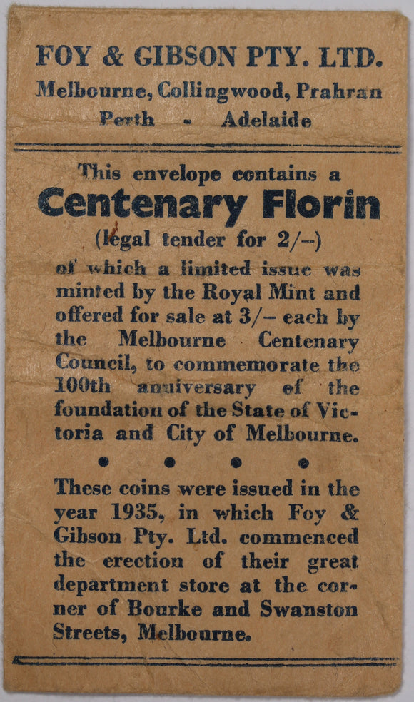 1934/35 Melbourne Centenary Florin Foys Bag VF
