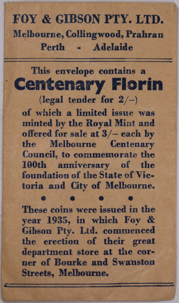 1934/35 Melbourne Centenary Florin Foys Bag gEF (one of the finest known)