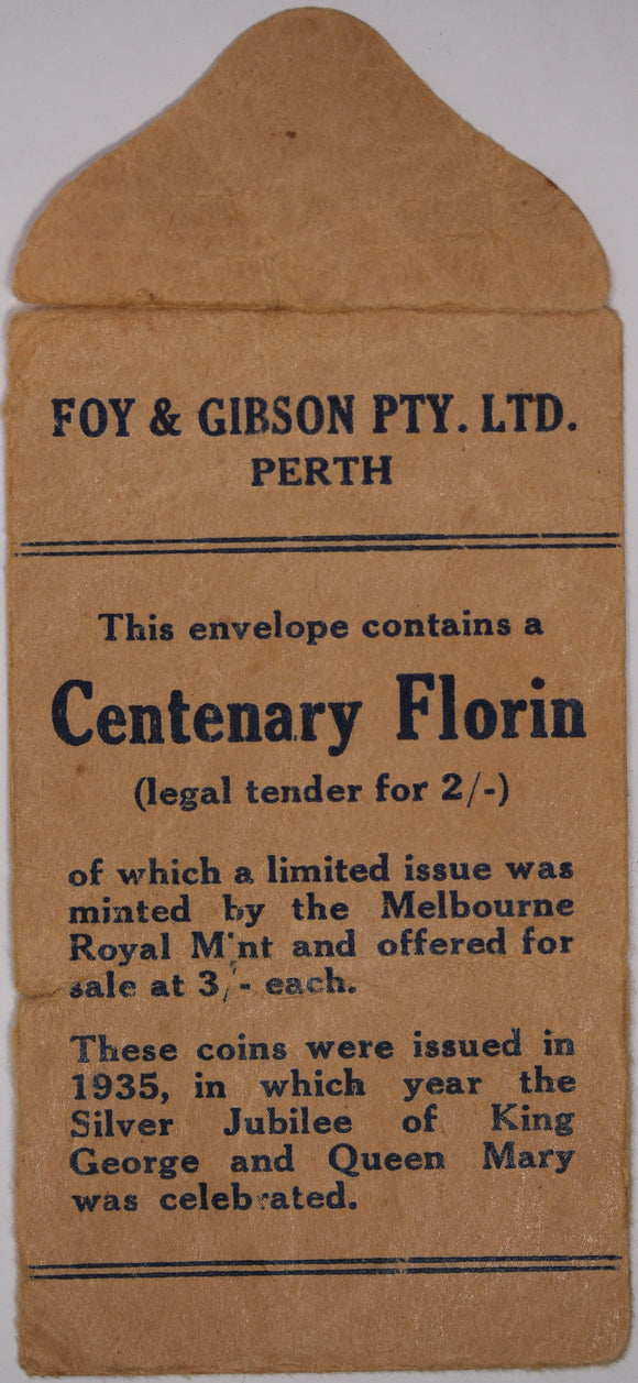 1934/35 Perth Centenary Florin Foys Bag gFine