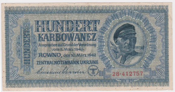 1942 Ukraine 100 Karbowanez VG