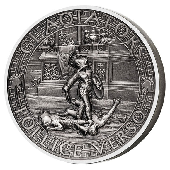 2017 Gladiators Pollice Verso 2oz Antiqued Silver Coin