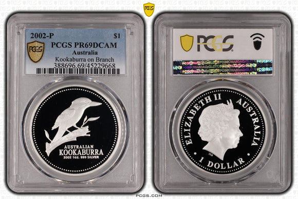 2002 Proof Kookaburra on Branch 1oz Silver Coin PR69DCAM