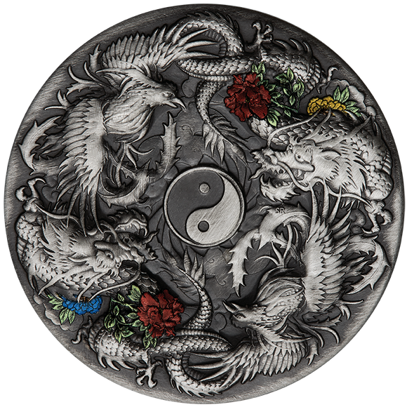 2021 Double Dragon and Double Phoenix with Yin Yang 2oz Silver Antiqued Coloured Coin