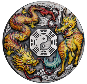 2022 2oz Dragon and Qilin with Bagua Silver Antiqued Coloured Coin