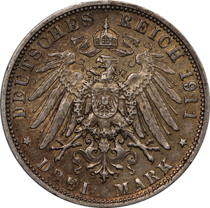German States Bavaria 1911D 3 Mark gVF