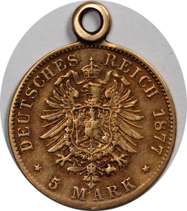 German States Free Hanseatic City of Hamburg 1877 Gold 5 Mark Fine (Mounted)