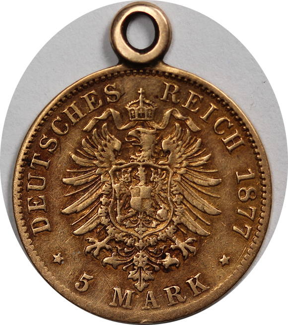 German States Free Hanseatic City of Hamburg 1877 Gold 5 Mark Fine (Mounted)