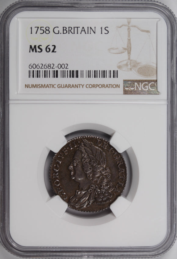 GB 1758 1 Shilling NGC MS62