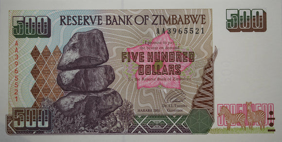 2001 Zimbabwe 500 Dollar Note UNC