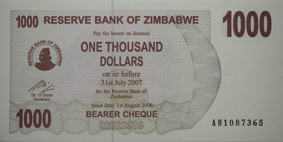 2007 Zimbabwe $1000 Dollar Cheque UNC