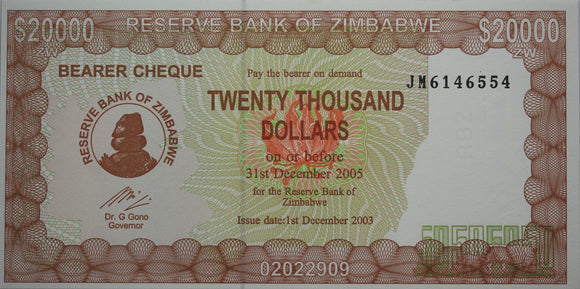 2003 Zimbabwe $20,000 Dollar Cheque UNC